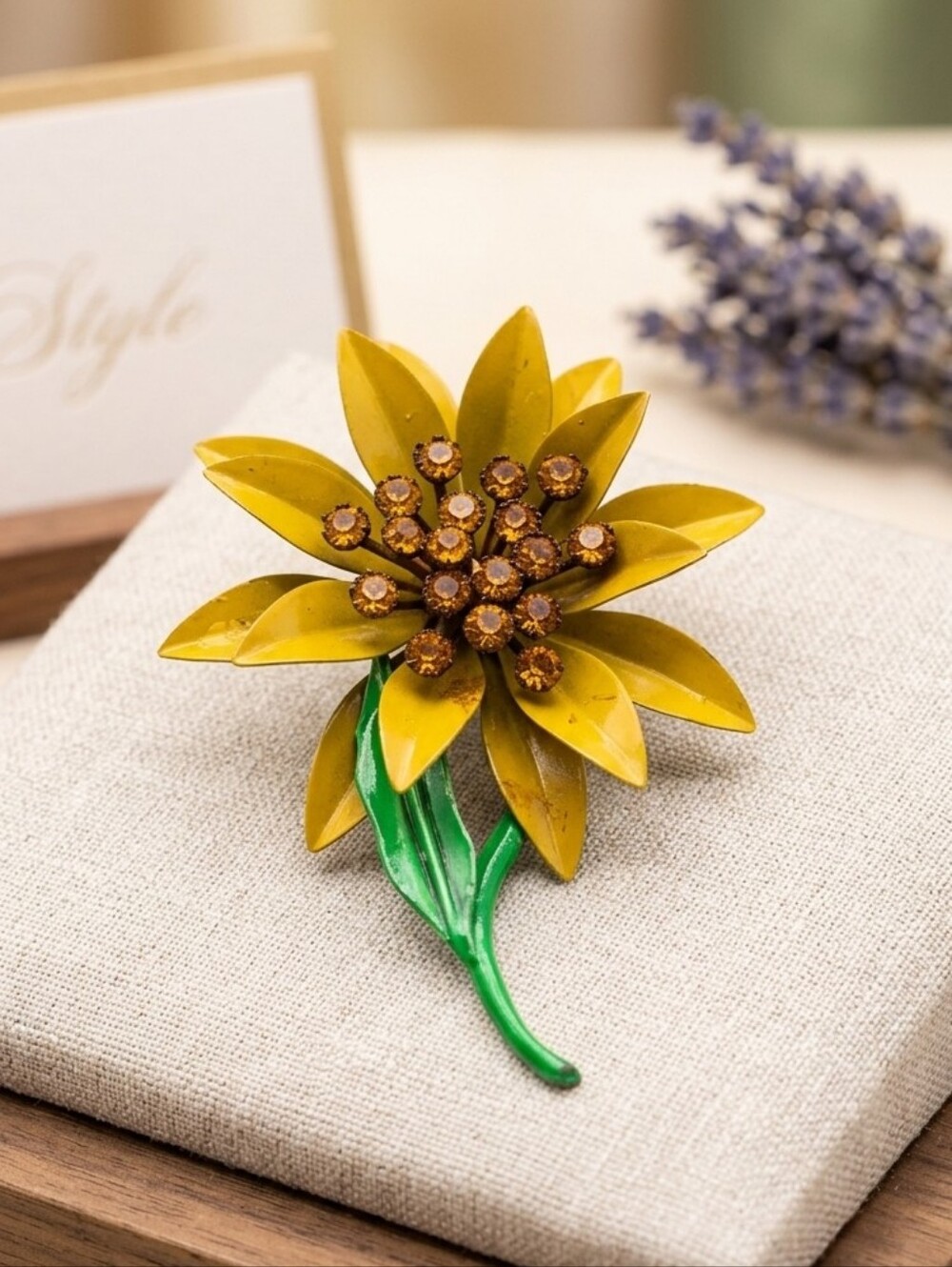 Vintage Yellow Flower Enamel Brooch with Green Stem and Amber Centers